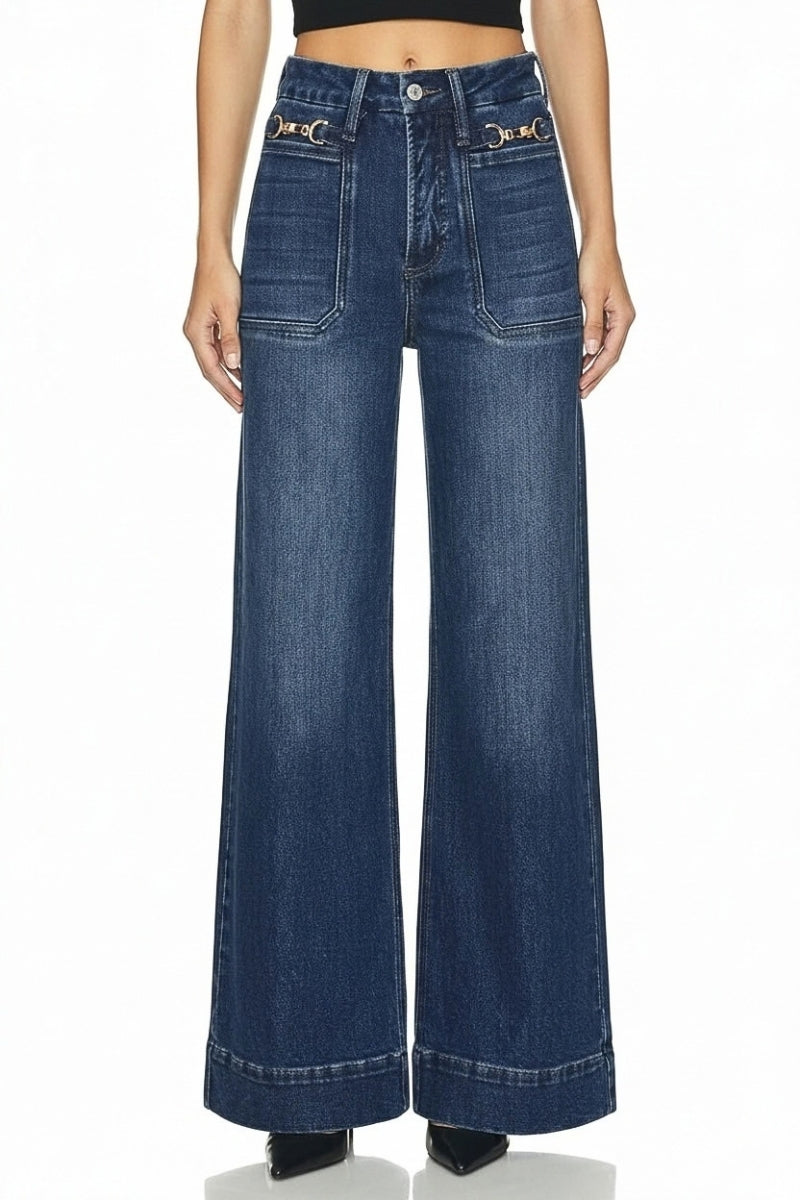 High Rise Slim Palazzo Jean with Metal Link in Dark wash view 2 - High-Waisted - High Rise Linkedin (bottom)