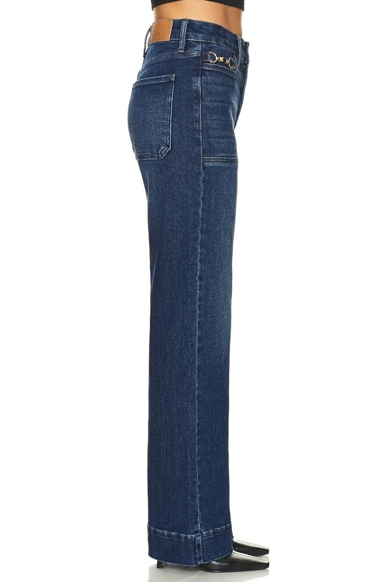 High Rise Slim Palazzo Jean with Metal Link in Dark wash view 3 - High-Waisted - High Rise Linkedin (bottom)