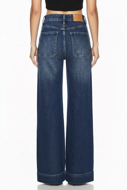 High Rise Slim Palazzo Jean with Metal Link in Dark wash view 4 - High-Waisted - High Rise Linkedin (bottom)