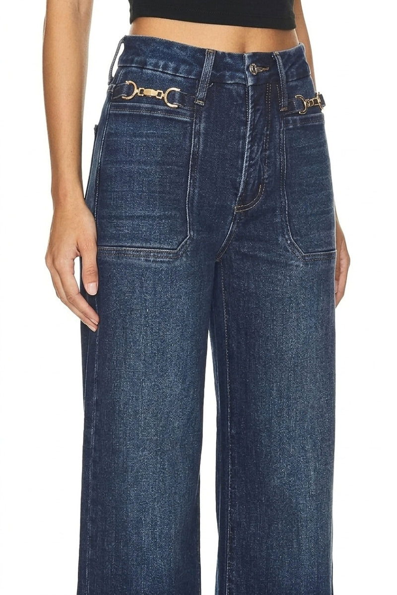 High Rise Slim Palazzo Jean with Metal Link in Dark wash view 5 - High-Waisted - High Rise Linkedin (bottom)