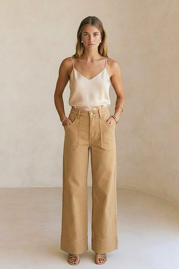 High Rise Tummy Control Garment Dyed Palazzo Jeans in CAMEL - High-Waisted - High Rise Jeans Women (bottom)