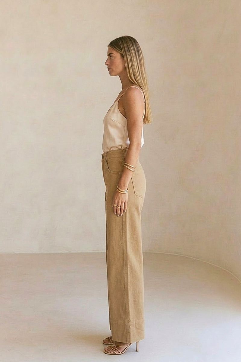 High Rise Tummy Control Garment Dyed Palazzo Jeans in CAMEL view 2 - High-Waisted - High Rise Jeans Women (bottom)