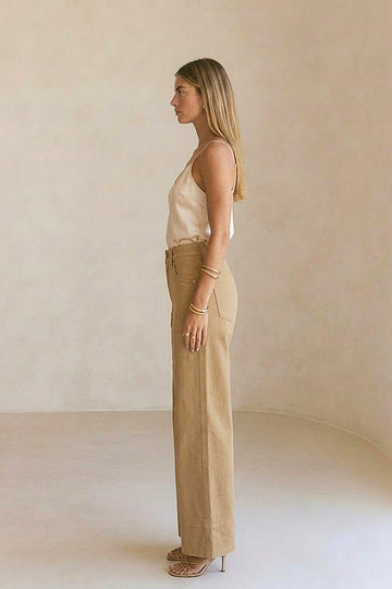 High Rise Tummy Control Garment Dyed Palazzo Jeans in CAMEL view 2 - High-Waisted - High Rise Jeans Women (bottom)