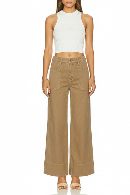 High Rise Tummy Control Garment Dyed Palazzo Jeans in CAMEL view 7 - High-Waisted - High Rise Jeans Women (bottom)