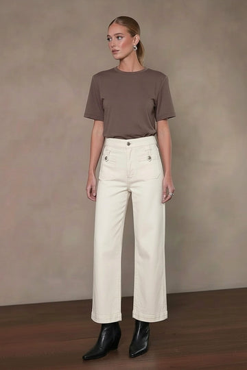 High Rise Tummy Control White Crop Palazzo Jeans in White - High-Waisted - High Rise Jeans Women (bottom)
