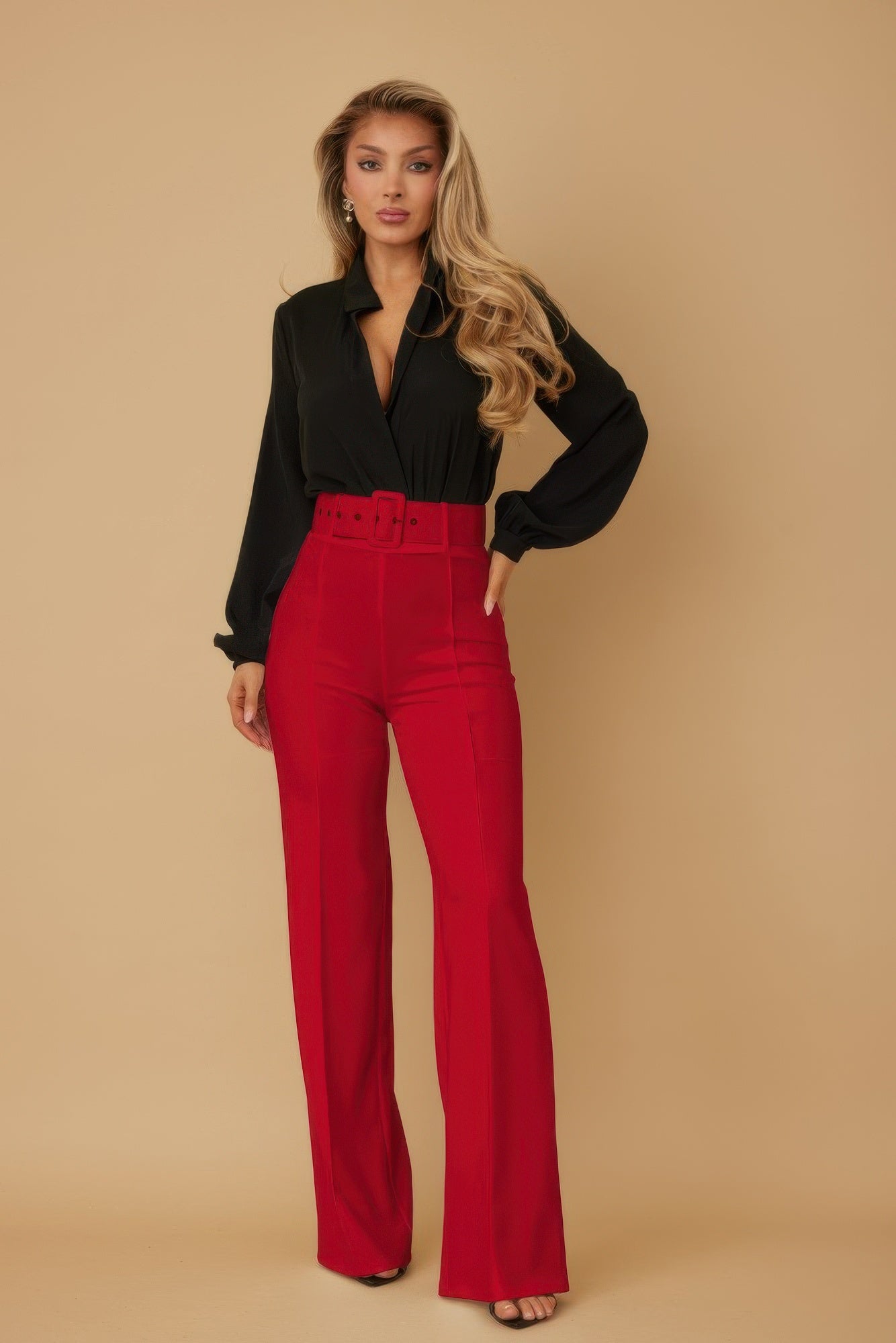 High Waist Pants with Buckle Belt in S - High-Waisted - High Waist Belt For Dresses (bottom)