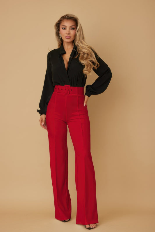 High Waist Pants with Buckle Belt in S - High-Waisted - High Waist Belt For Dresses (bottom)