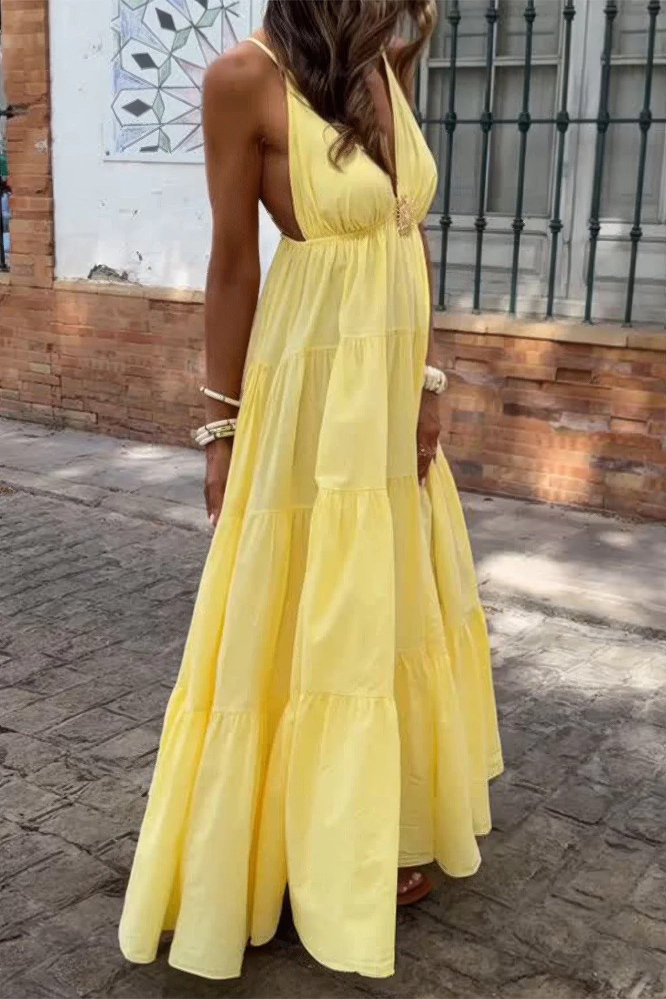 High Waist Sleeveless Open Back Full Dress in Yellow view 16 - High-Waisted - High Waisted Dress Pants