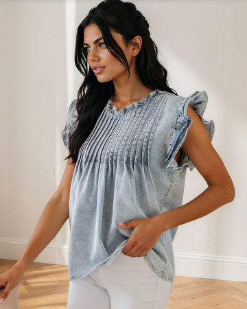 Hollis Pleated Detail Vintage Washed Denim Top in M view 2 - Hollister Pleated Shirt