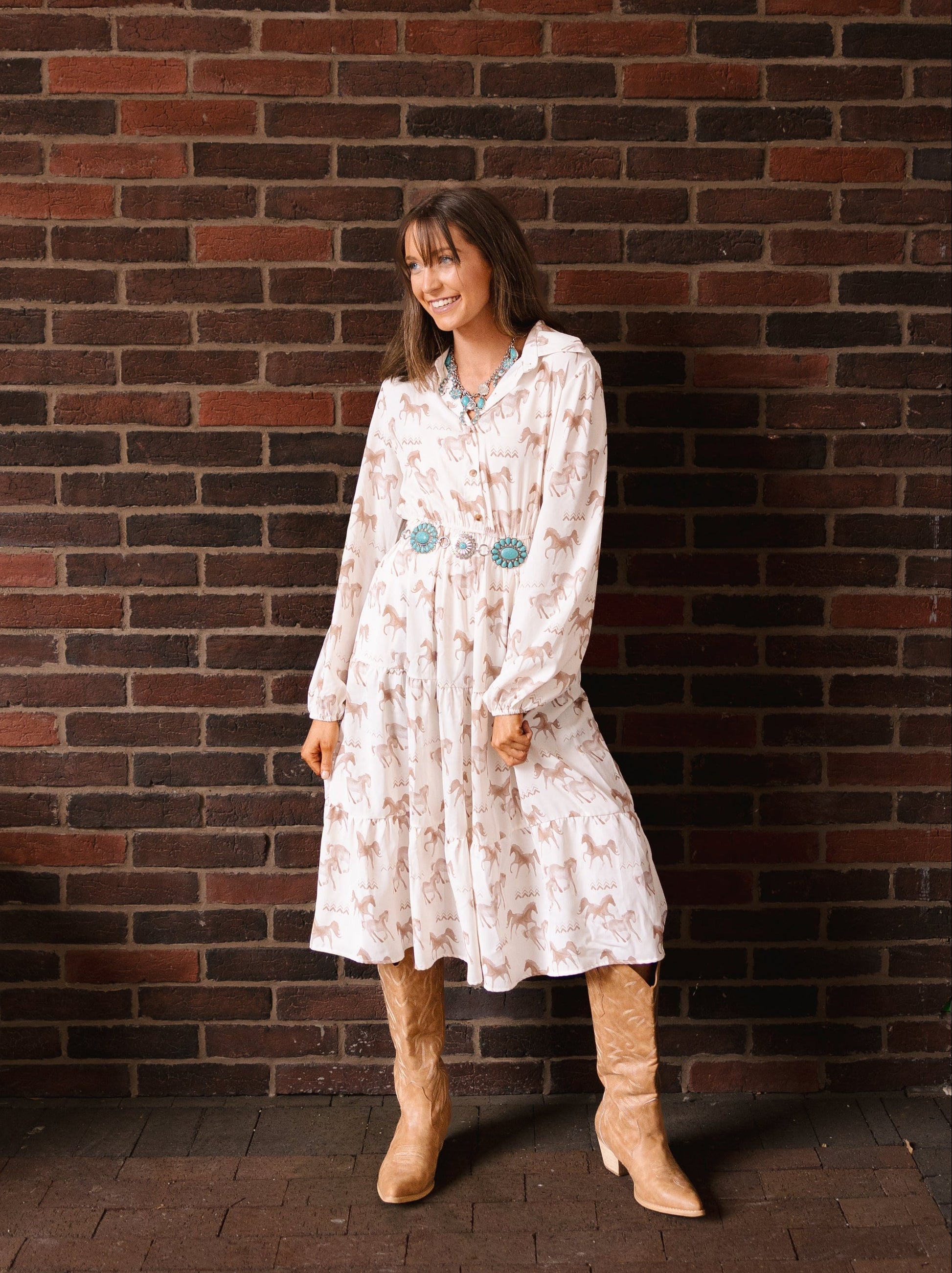 Horse Print Shirt Dress in Ivory view 3 - Horse Print Dress Women
