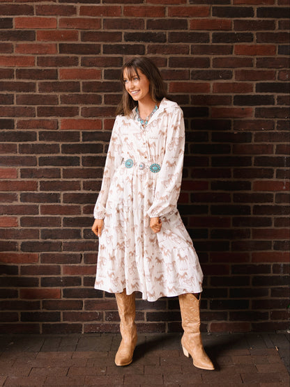 Horse Print Shirt Dress in Ivory view 3 - Horse Print Dress Women