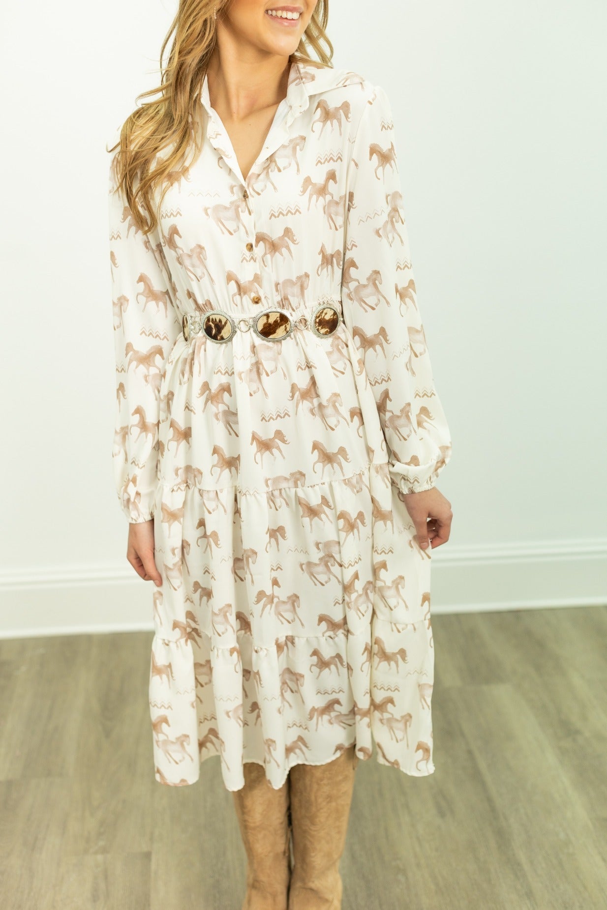 Horse Print Shirt Dress in Ivory view 5 - Horse Print Dress Women