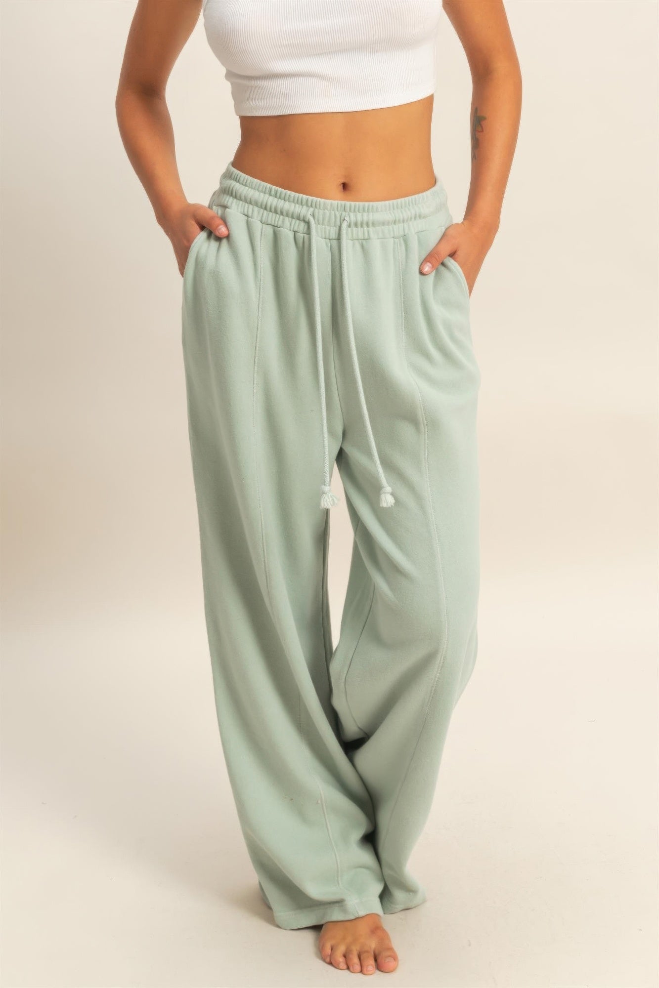 Hyfve Acid Wash French Terry Wide-leg Pants in Mint (bottom)