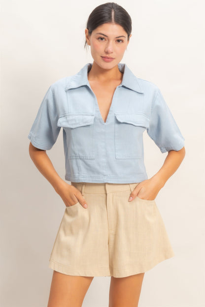 Hyfve Collared V-neck Top in Sage - Hyfve Tops