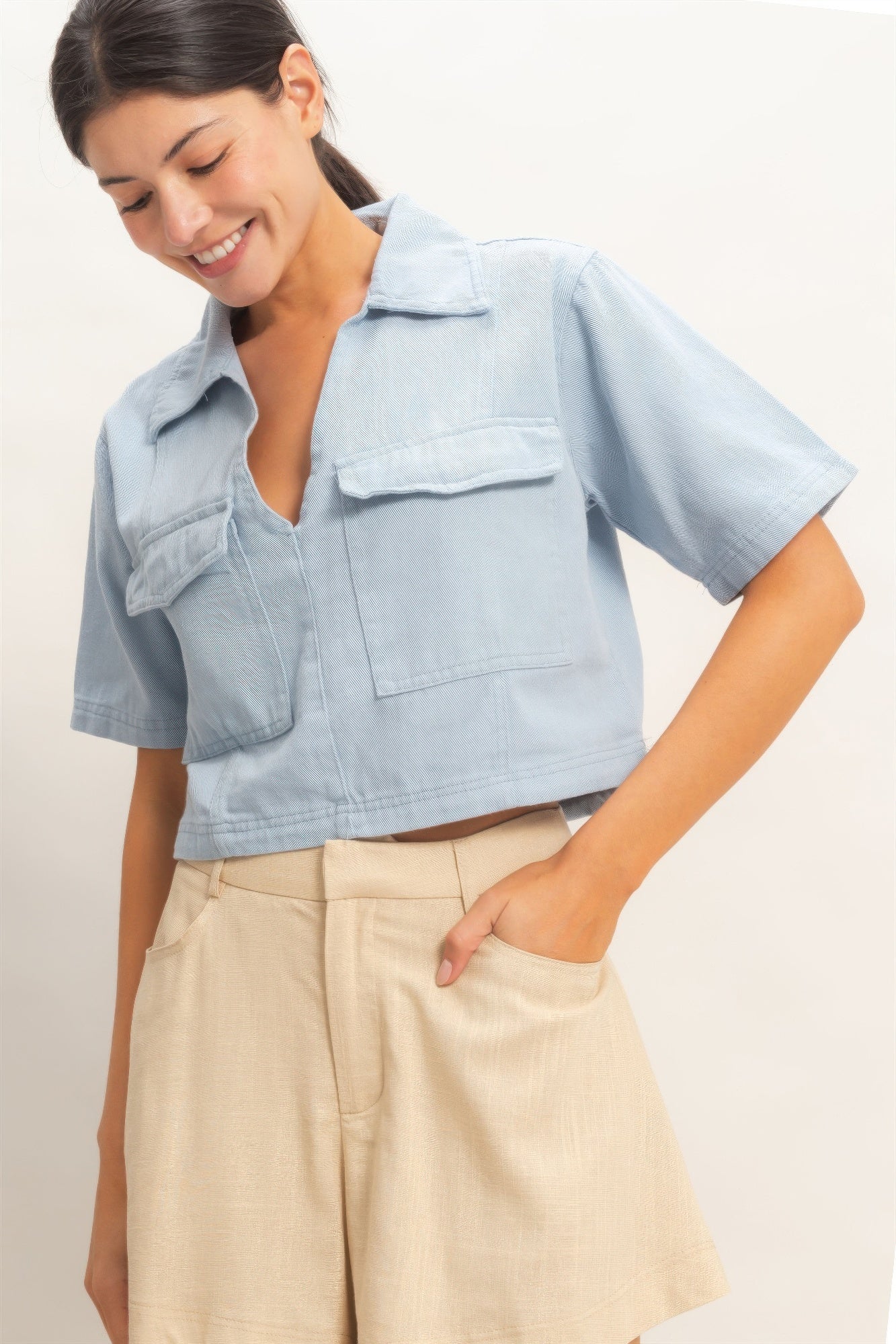 Hyfve Collared V-neck Top in Sage view 3 - Collared Top