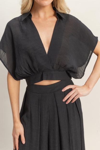 Hyfve Collared Wrap Top & Wide-leg Pants Set in Almond view 4 - Set Top