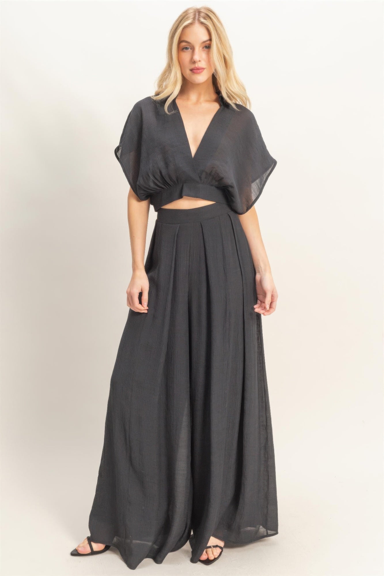Hyfve Collared Wrap Top & Wide-leg Pants Set in Black - Set Top