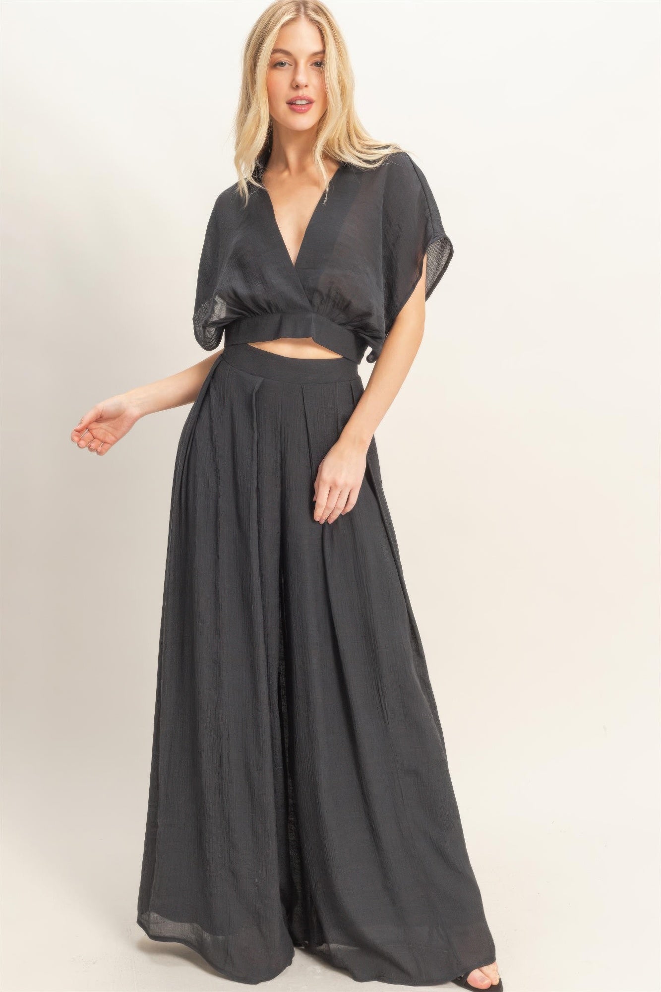 Hyfve Collared Wrap Top & Wide-leg Pants Set in Black view 2 - Set Top