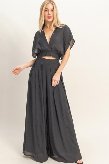 Hyfve Collared Wrap Top & Wide-leg Pants Set in Black view 2 - Set Top