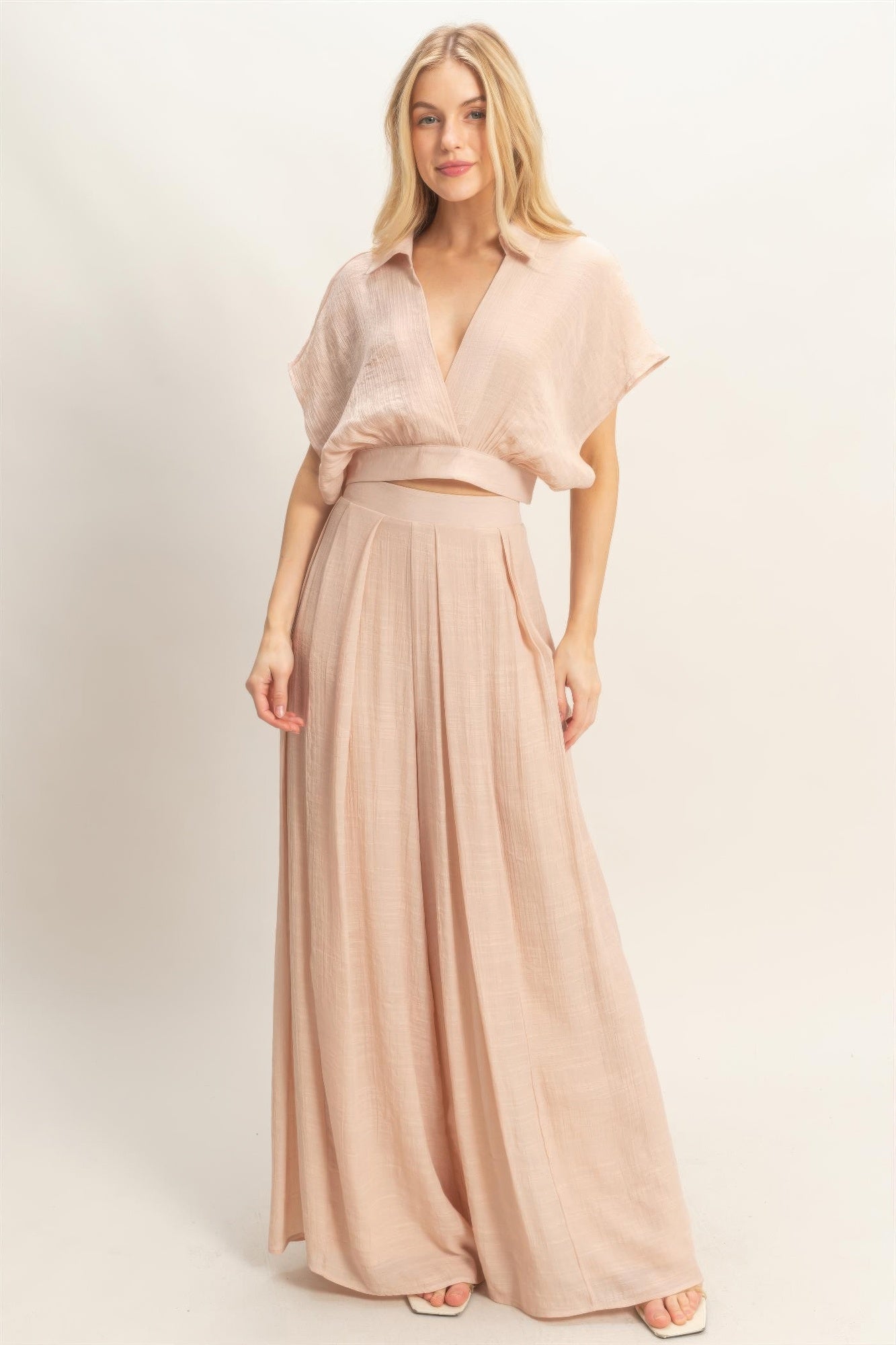 Hyfve Collared Wrap Top & Wide-leg Pants Set in Light mocha view 7 - Set Top