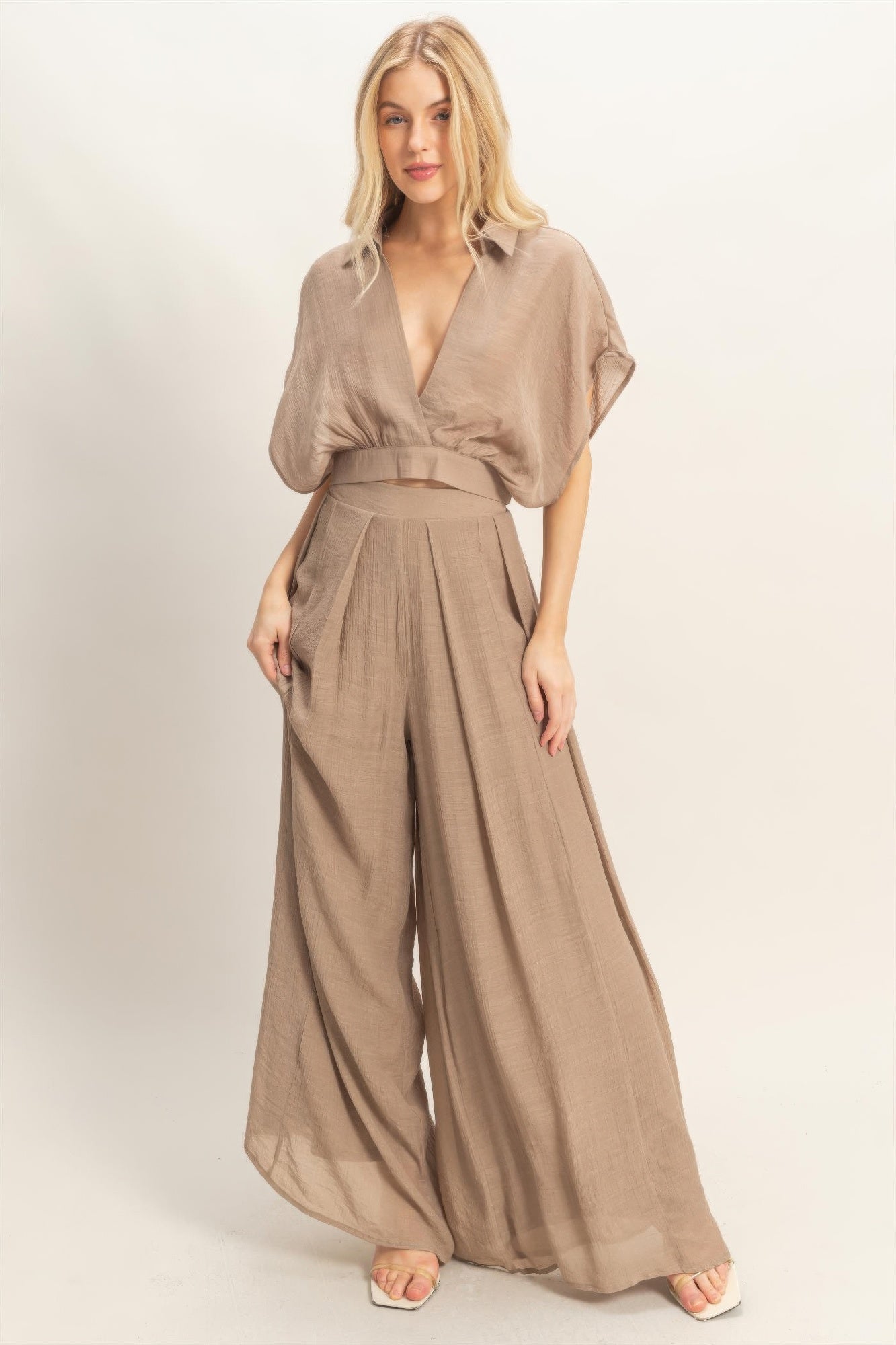 Hyfve Collared Wrap Top & Wide-leg Pants Set view 13 - Set Top