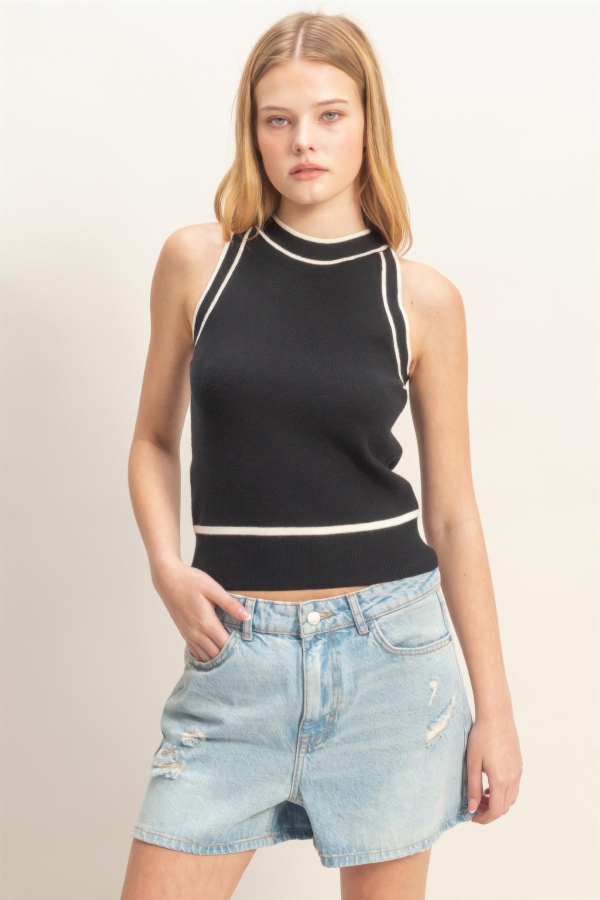 Hyfve Contrast Trim Sleeveless Ribbed Top - MeeeShop Women's Fashion