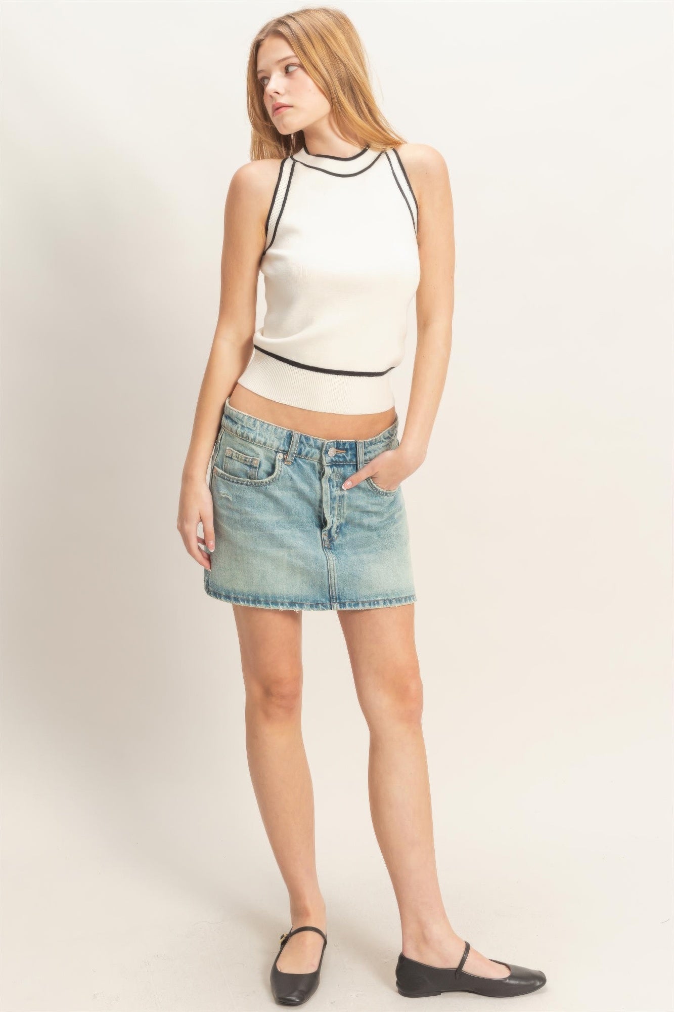 Hyfve Contrast Trim Sleeveless Ribbed Top in Cream view 2