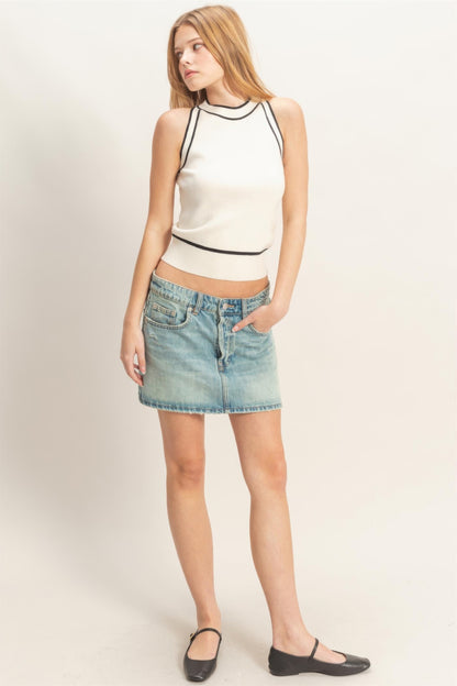 Hyfve Contrast Trim Sleeveless Ribbed Top in Cream view 2