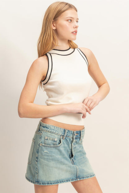 Hyfve Contrast Trim Sleeveless Ribbed Top in Cream view 3