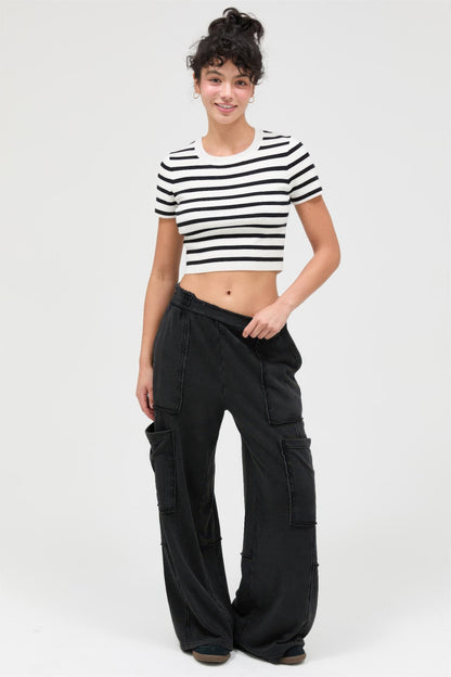 Hyfve Mineral Wash Wide Leg Cargo Pants in Black view 2 (bottom)