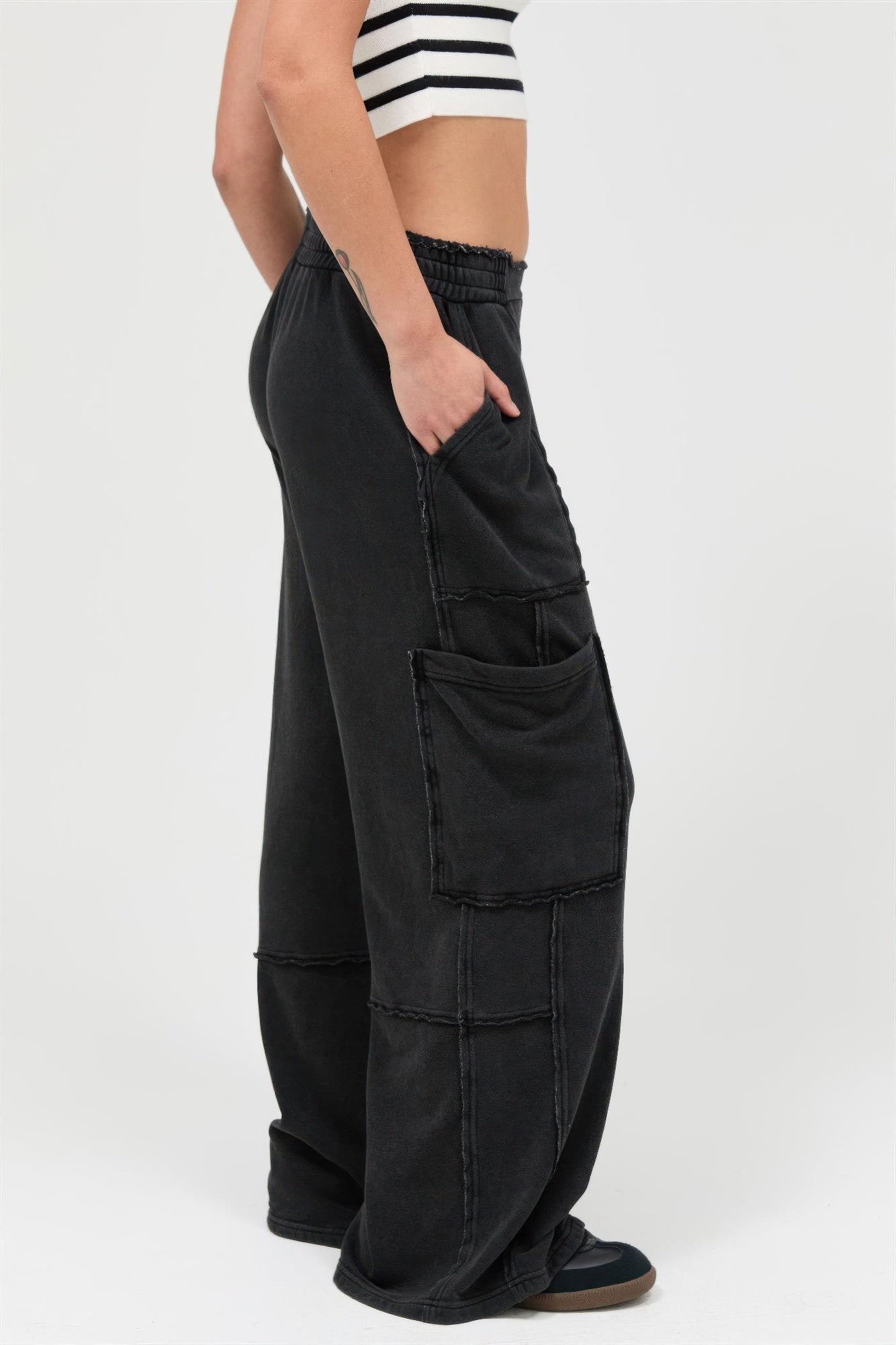 Hyfve Mineral Wash Wide Leg Cargo Pants in Black view 3 (bottom)