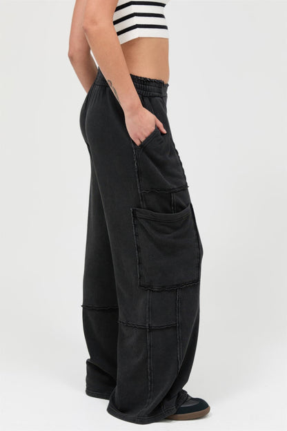 Hyfve Mineral Wash Wide Leg Cargo Pants in Black view 3 (bottom)
