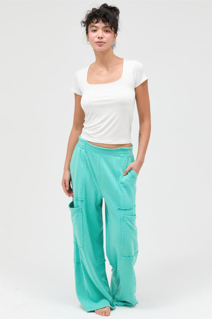 Hyfve Mineral Wash Wide Leg Cargo Pants in Cream view 10 (bottom)