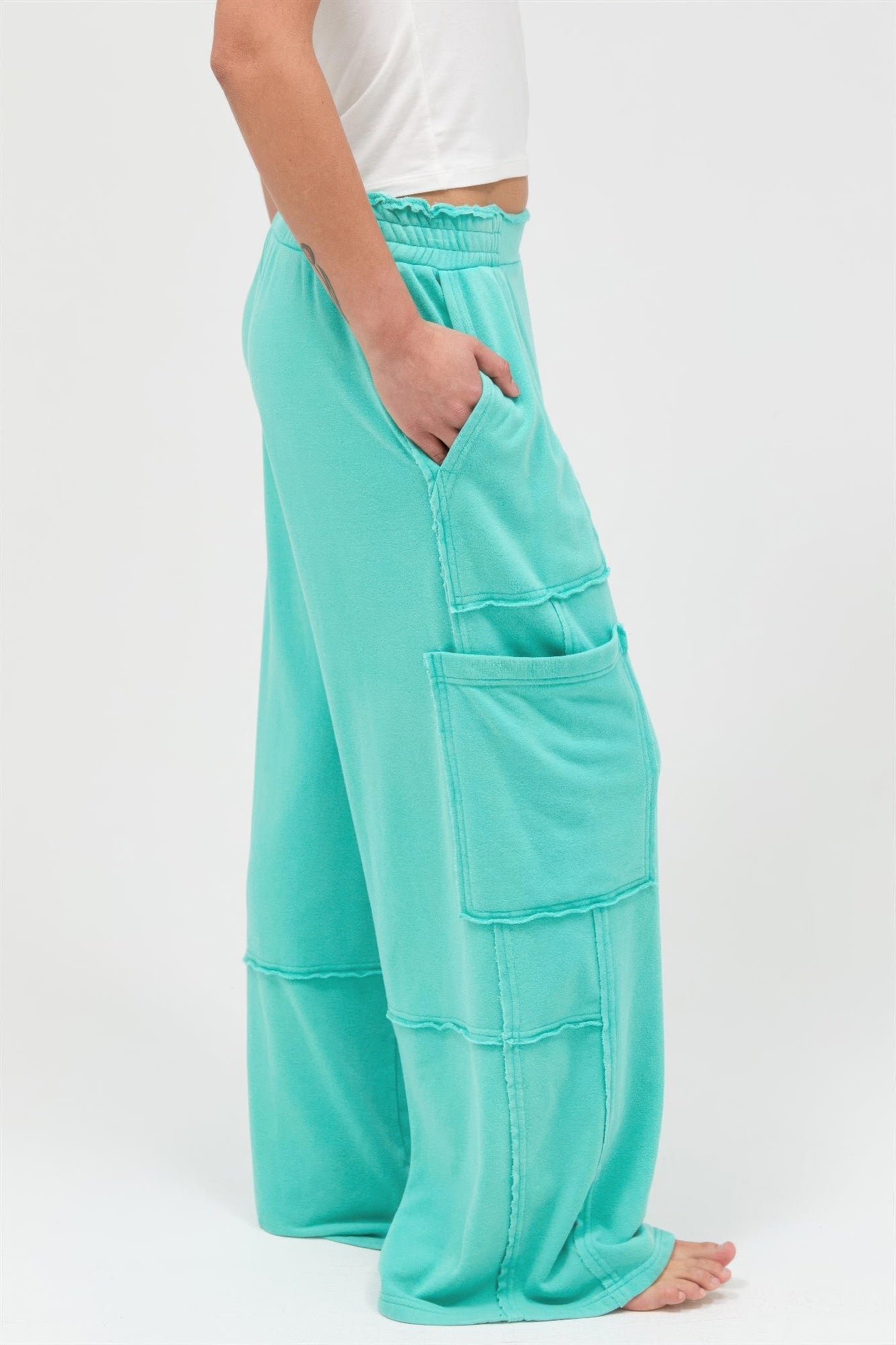 Hyfve Mineral Wash Wide Leg Cargo Pants in Cream view 12 (bottom)