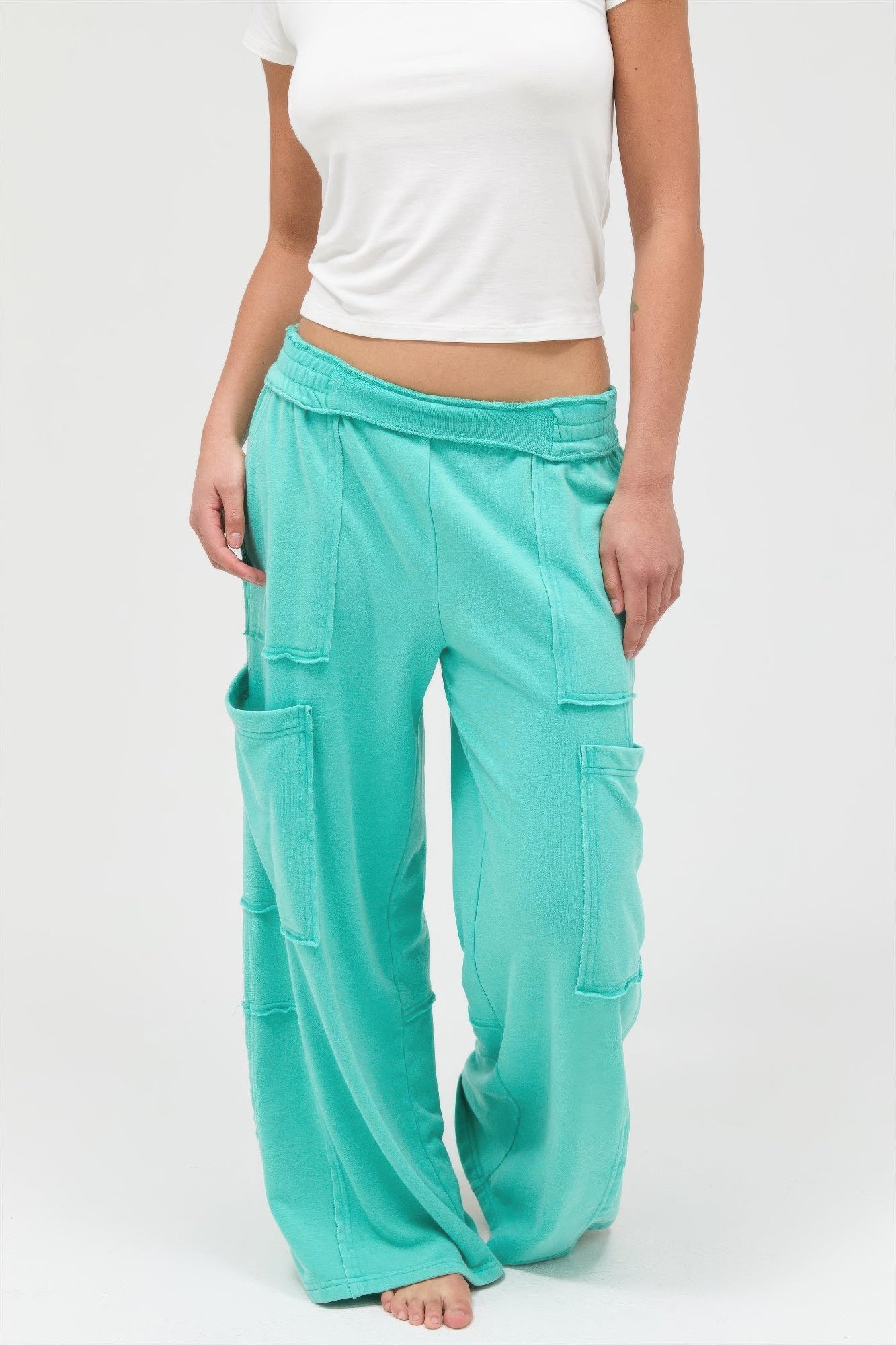 Hyfve Mineral Wash Wide Leg Cargo Pants in Sage green view 9 (bottom)