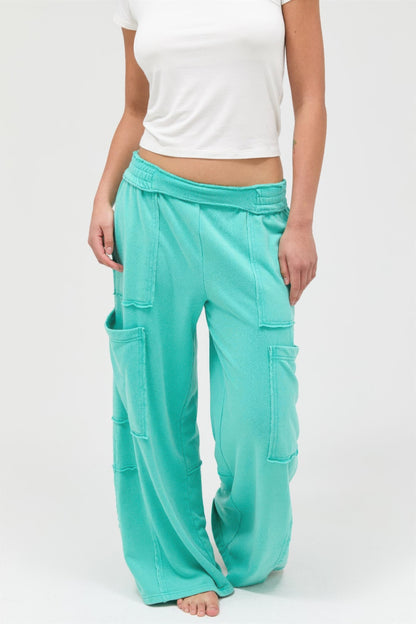Hyfve Mineral Wash Wide Leg Cargo Pants in Sage green view 9 (bottom)