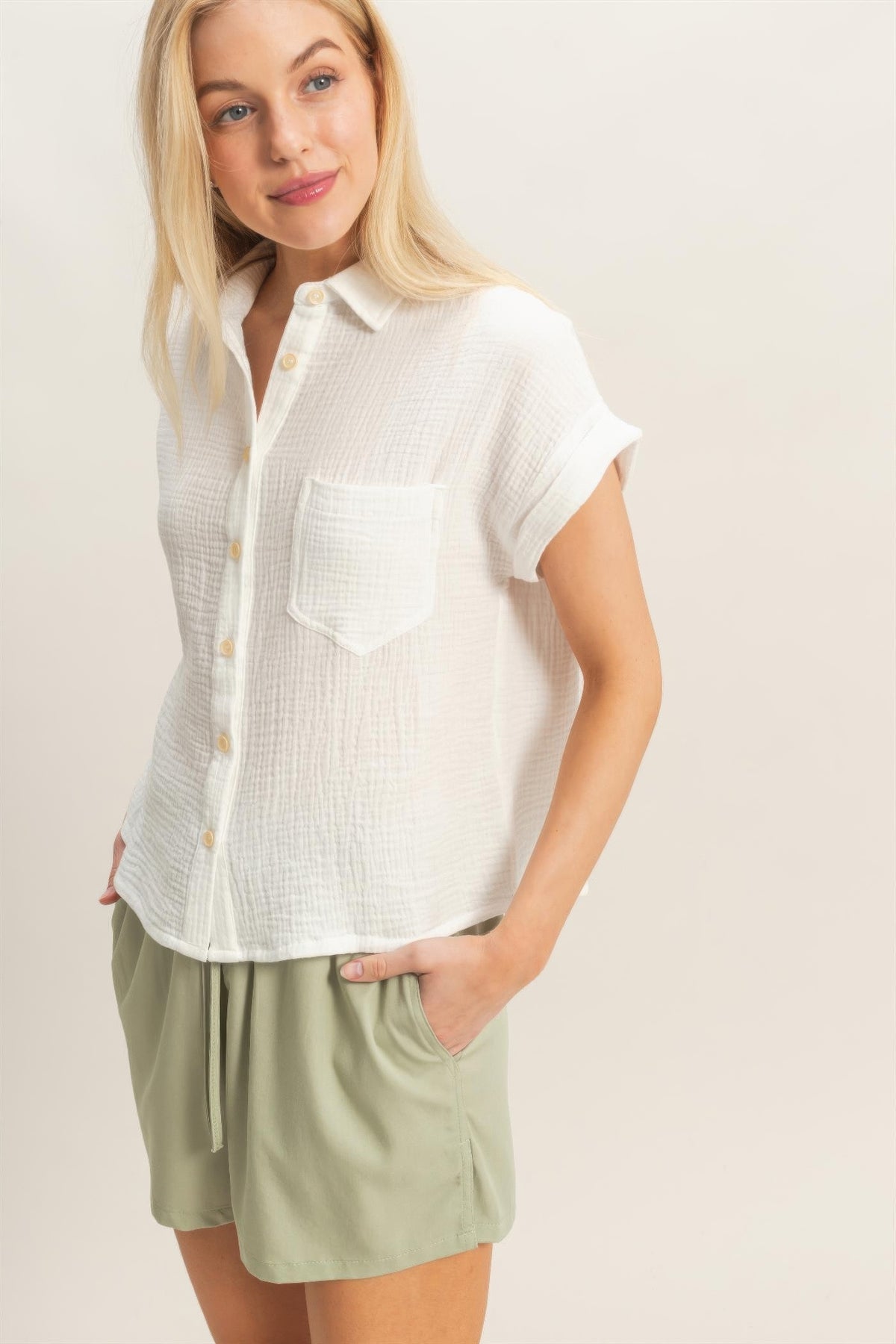Hyfve Rolled Sleeve Button-up Top - MeeeShop Women's Fashion