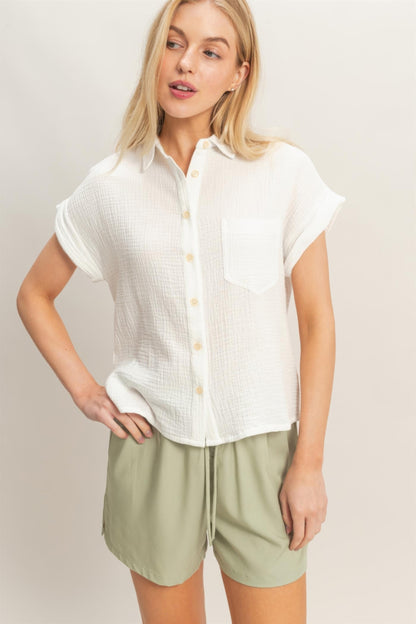 Hyfve Rolled Sleeve Button-up Top in Blue - Button Top