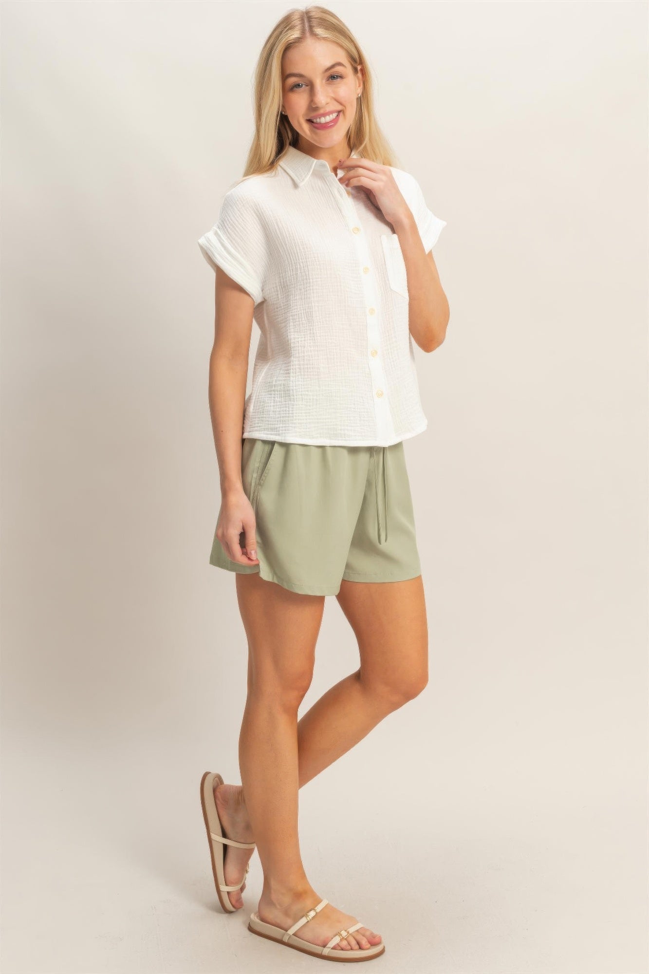 Hyfve Rolled Sleeve Button-up Top in Blue view 2 - Button Top