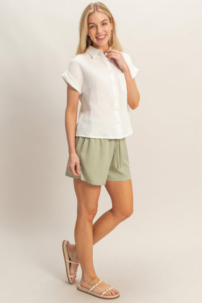 Hyfve Rolled Sleeve Button-up Top in Blue view 2 - Button Top
