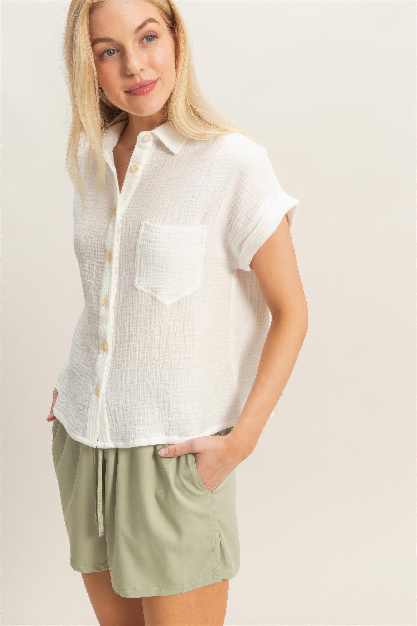 Hyfve Rolled Sleeve Button-up Top in Blue view 3 - Button Top