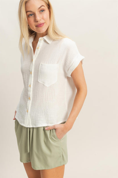 Hyfve Rolled Sleeve Button-up Top in Blue view 3 - Button Top