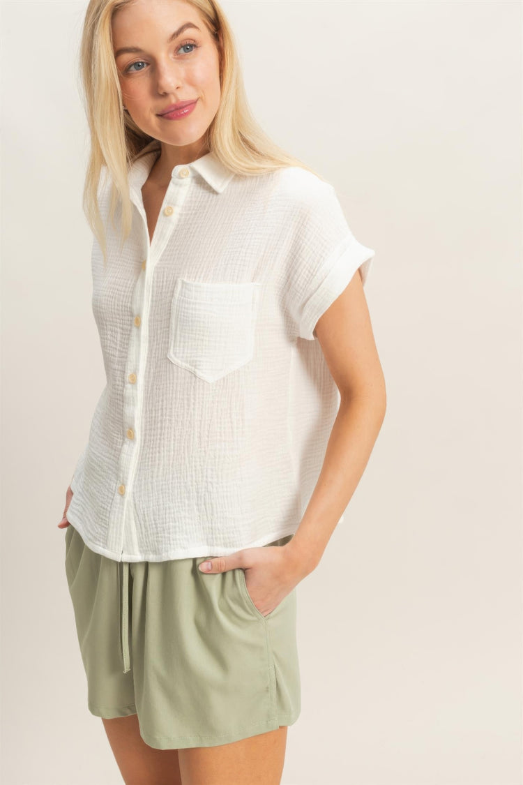 Hyfve Rolled Sleeve Button-up Top Blue view 3 (top) - button top, rolled button top - shop at us.meeeshop