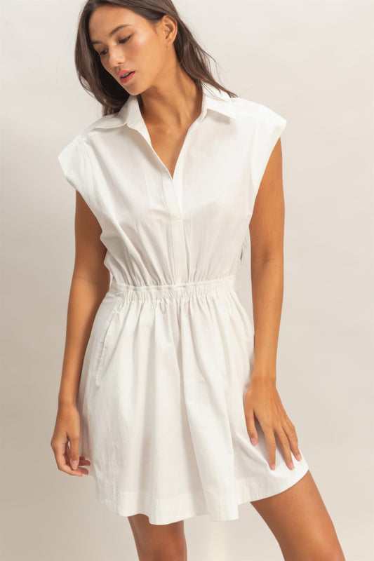 Hyfve Sleeveless Collared Shirred Mini Dress in White - Hyfve Strapless Dress