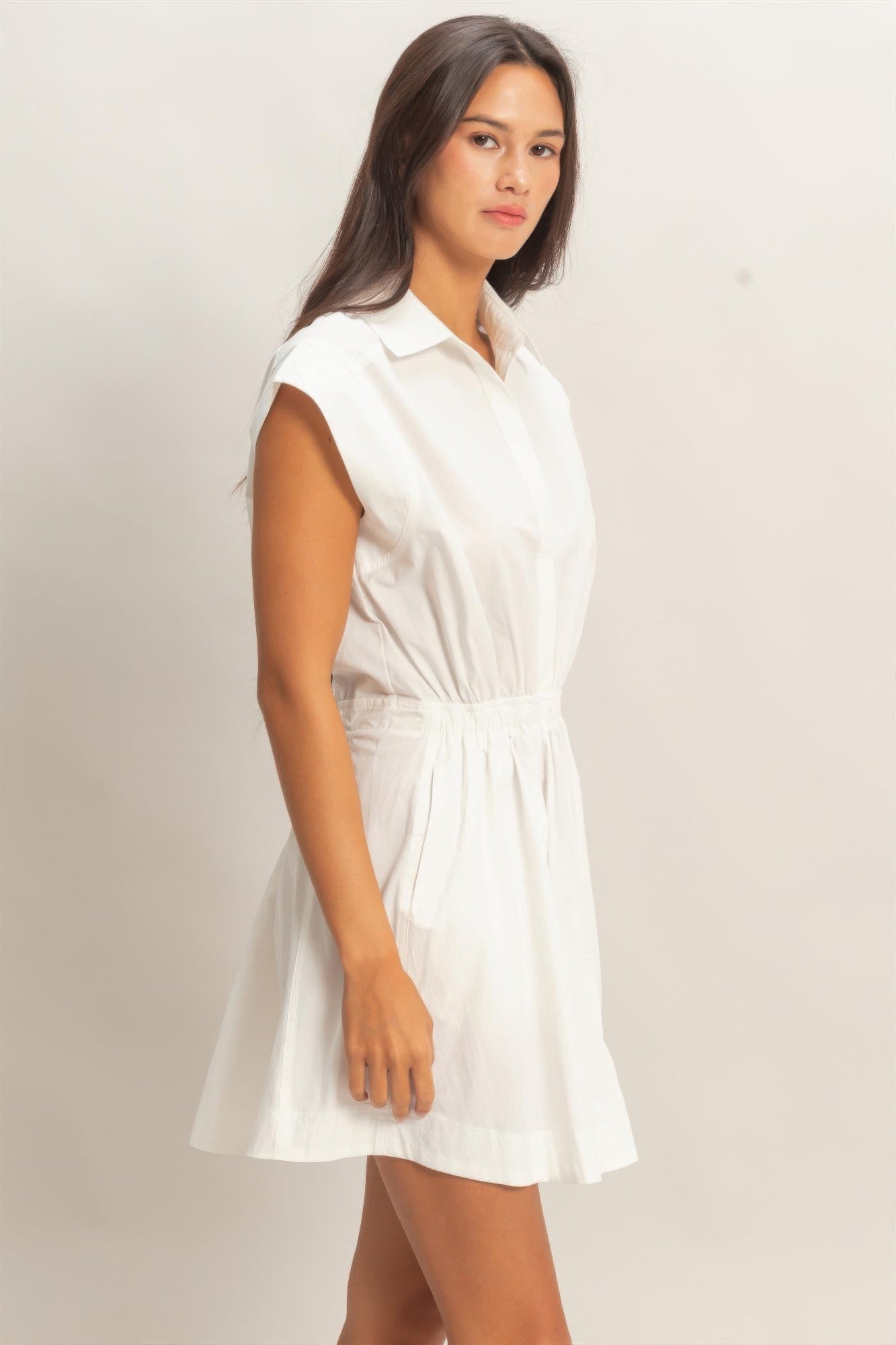 Hyfve Sleeveless Collared Shirred Mini Dress in White view 3 - Hyfve Strapless Dress