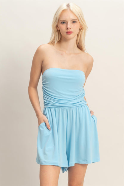 Hyfve Strapless Shirred Waist Romper in Blue - Hyfve Strapless Dress (one-piece)