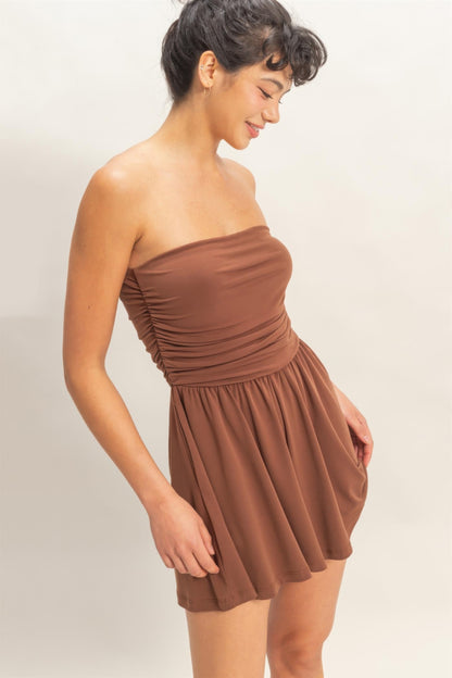 Hyfve Strapless Shirred Waist Romper in Dark teal view 8 - Hyfve Strapless Dress (one-piece)