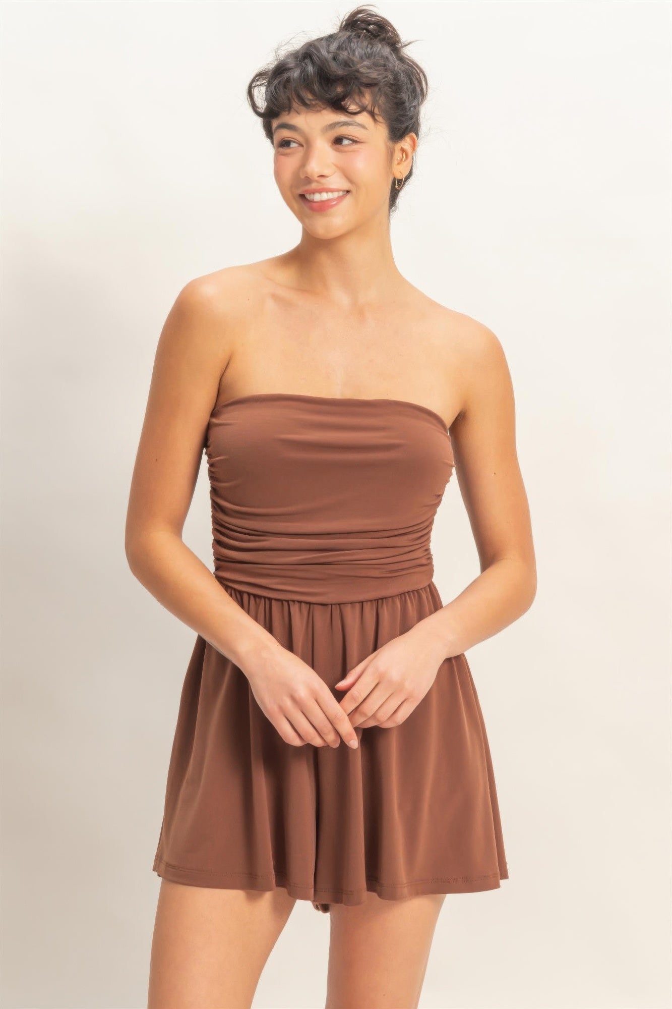 Hyfve Strapless Shirred Waist Romper in Fuchsia view 6 - Hyfve Strapless Dress (one-piece)