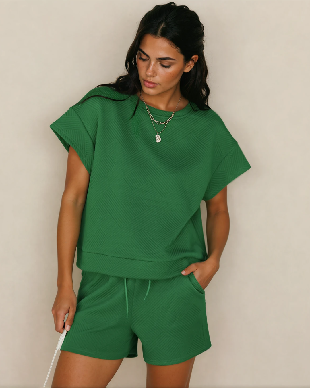Indie & Co. Astrid Textured Short Sleeve Top and Shorts Set - Green in S - Green Top
