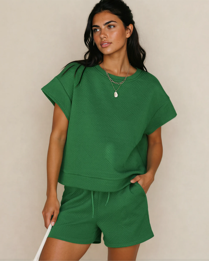 Indie & Co. Astrid Textured Short Sleeve Top and Shorts Set - Green in L view 3 - Green Top